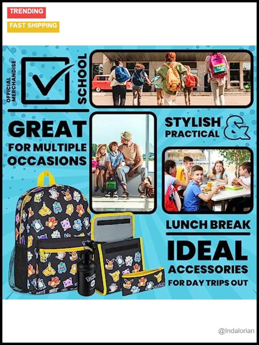 Pokemon Backpack Set 4 Pcs Kids Backpack Water Bottle Pencil Case Lunch Bag or